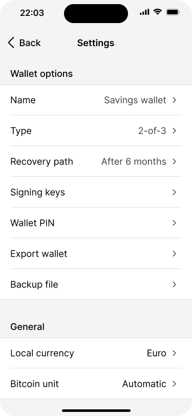 Wallet settings screen.