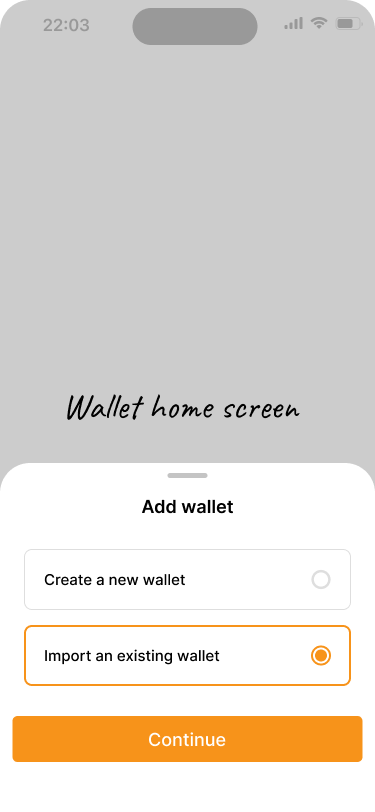 Screen for choosing whether to create a new wallet or import an existing one. Importing is the selected opton.