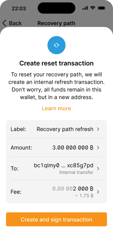 The transaction review screen tells the user that an internal transaction is required to refresh the key set and provides the corresponding details.