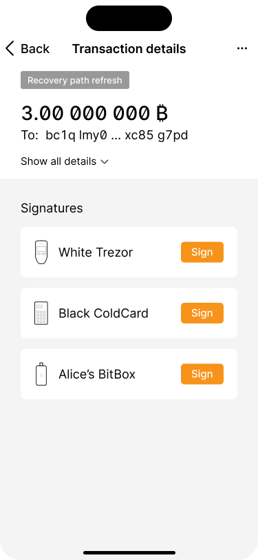 Transaction detail screen, showing that the transaction has not been signed by any device yet.